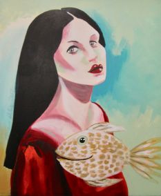 Kunst kaufen Tier Portrait Diana Achtzig: „Goldfisch mit Frau“, Acrylfarbe auf Leinwand, 60 x 50 cm, Berlin, 2017, 150 €