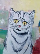 Kunst kaufen handgemaltes Ölbild Diana Achtzig: „Weiße Katze mit Schmetterling, Ölfarbe auf Leinwand, 80 x 60 cm, Berlin, 2021, 550 €