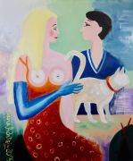 Kunst kaufen handgemaltes Ölbild Diana Achtzig: "Liebespaar mit weißer Katze", Ölbild auf Leinwand 60 x 50 x 1,7 cm, 2017 - 2019, 150 €