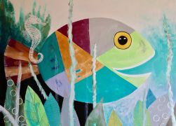 Kunst kaufen Tier Portrait Diana Achtzig: „Pastellfisch mit See-pferdchen“, Acryl- farbe auf Leinwand, 80 x 100 cm, 2021, 750 €.