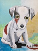Kunst kaufen handgemaltes Ölbild Diana Achtzig: „Hundewelpe mit Rassel“ (Jack Russell Terrier), Acrylfarbe auf Leinwand, 80 x 60 cm, Berlin, 2021, 550 €.