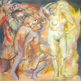 Georg F. Matthäus (*1945) (Leipziger Schule), Studie zu Lysistrata, (von Aristophanes), Ölfarbe auf Leinwand, 60 x 60 cm, Berlin 2000. Preis auf Anfrage!