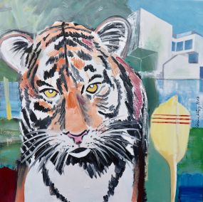 Kunst kaufen Tier Portrait Diana Achtzig: „Tiger mit Villa“, Ölfarbe auf Leinwand, 80 x 80 cm, Berlin, 2019 – 2021, 250 €