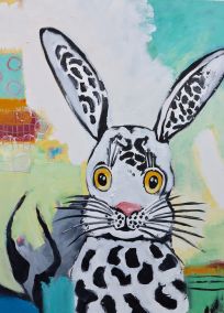 Kunst kaufen handgemaltes Ölbild Diana Achtzig: „Leopardenhase“, Ölfarbe auf Leinwand, 70 x 50 cm, Berlin, 2019 – 2021, 250 €