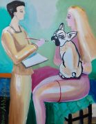 Kunst kaufen handgemaltes Ölbild Diana Achtzig: „Maler mit seinem Modell und Mops“, Ölbild auf Leinwand, 80 x 60 cm, Berlin, 2019, 550 €