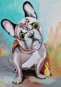 Kunst kaufen handgemaltes Ölbild Diana Achtzig: „Französische Bulldogge mit Gelber Ente“, Acrylfarbe auf Leinwand, 80 x 60 cm, Berlin, 2019 – 2021, 600 €
